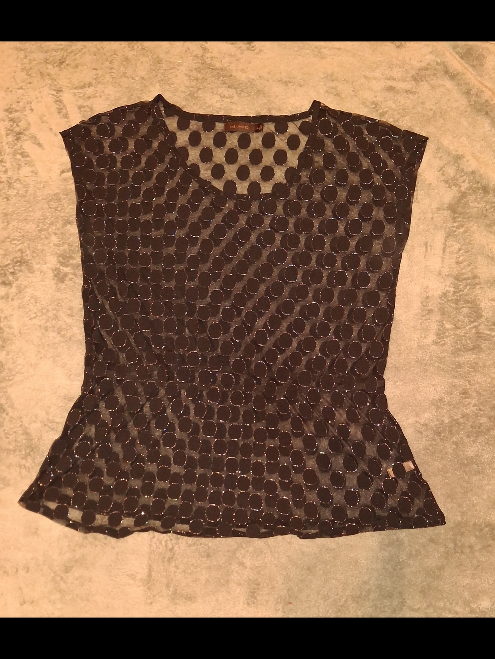 The Limited, Black, Glittery Polka Dot, Sheer Top With Cap-Sleeve XL